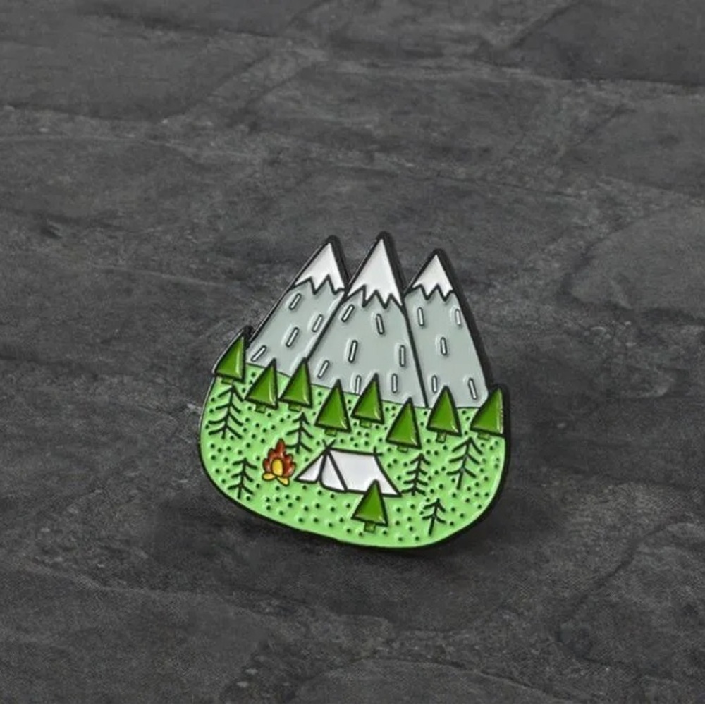 Women’s Jewelry Campsite Next to Mountain with Fire & Trees Adventure Enamel Pin
